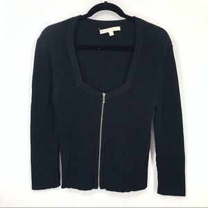 Jonathan Simkhai Ribbed Square Neck Zipper Front Black Sweater Blouse Top Medium